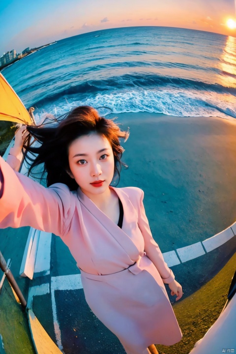  a Asian woman takes a fisheye selfie on a beach at sunset, the wind blowing through her messy hair. The sea stretches out behind her, creating a stunning aesthetic and atmosphere with a rating of 1.2, ((poakl)), poakl ggll girl