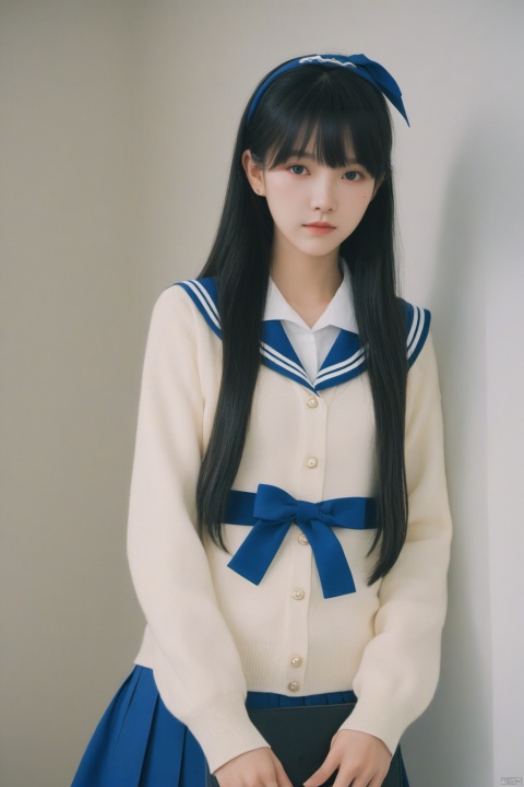  ningen mame, quality good, 1girl, ui (blue archive), solo, book, long hair, black hair, holding book, holding, hairband, bangs, bags under eyes, blue hairband, sailor collar, blush, long sleeves, looking at viewer, cardigan, closed mouth, white sailor collar, hair between eyes, school uniform, halo, upp