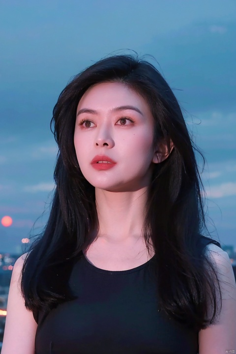  NSFW,Frontal photography,Look front,evening,dark clouds,the setting sun,On the city rooftop,A 20 year old female,Black top,Black Leggings,black hair,long hair, dark theme, muted tones, pastel colors, high contrast, (natural skin texture, A dim light, high clarity) ((sky background))((Facial highlights)),