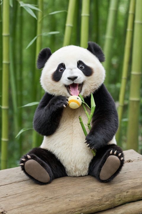 cute,no humans, bamboo, solo, pokemon \(creature\), panda, open mouth, blush, sitting, smile, outdoors, blurry, holding, tongue, brown eyes, day, cute,panda,
