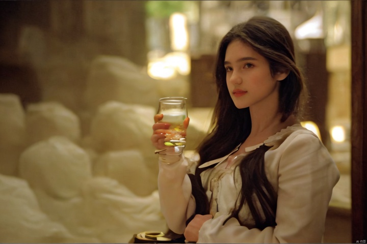  sdmai, fanhua, 1girl, solo, long hair, blurry, looking at viewer, brown eyes, brown hair, bottle, depth of field, parted lips, lips, cup, realistic, drinking glass,