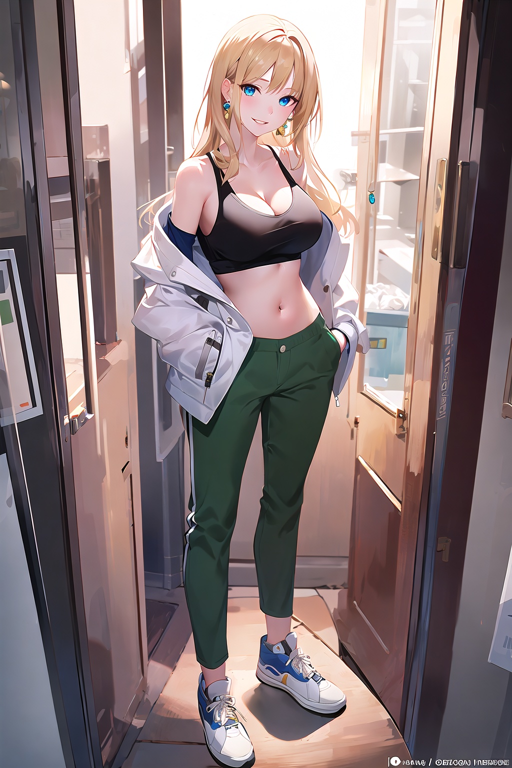  (best quality), ((masterpiece)), (highres), illustration, original, extremely detailed, 1girl, solo, long hair, breasts, white background, full body, yellow background, blonde hair, sneakers, pants, shoes, blue eyes, looking at viewer, navel, white footwear, jewelry, earrings, crop top, off shoulder, midriff, jacket, hands in pockets, bare shoulders, green pants, smile, standing, cleavage, parted lips, open clothes, **** top, medium breasts, collarbone, open jacket, floating hair,white jacket,nai3 style, nai3style