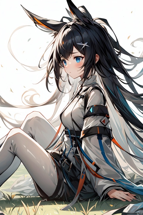  {{texas the omertosa (arknights)}}1girl,white background,White,sitting, grass, from side,head down,sad,solo,