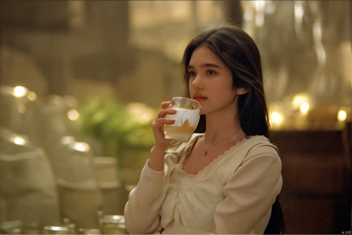  sdmai, fanhua, 1girl, solo, long hair, blurry, looking at viewer, brown eyes, brown hair, bottle, depth of field, parted lips, lips, cup, realistic, drinking glass,