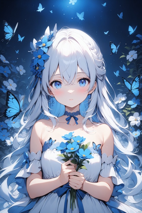  masterpiece,best quality,high quality,(colorful),flower, 1girl, solo, hair ornament, holding, blue flower, bug, hair flower, blue eyes, butterfly, long hair, looking at viewer, dress, hair between eyes, bare shoulders, blue butterfly, upper body, collarbone, white dress, closed mouth, white hair, holding flower, blue theme, strapless, ribbon, tr mini style, Sewing doll, 3DIP,8k,IP