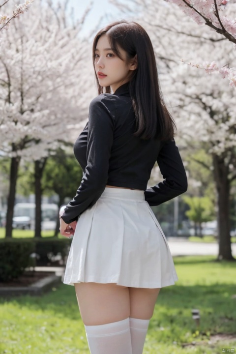  1girl,eye contact,sunlight,(JK_suit),JK_style,(dark blue JK_skirt),standing,arms behindback,white thighhighs,3d,unity 8k wallpaper,ultra detailed,beautiful and aesthetic,cherry blossoms,depth of field:1.5,black pantyhose,huge filesize,photo_(medium),reality,high quality,highres,