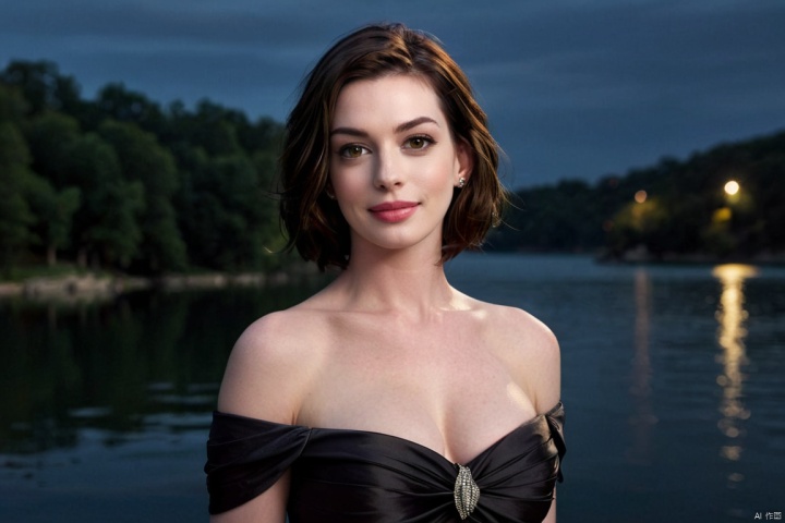  Best quality,masterpiece,ultra high res,(photorealistic:1.4),(1girl:1.3),outdoors,(half body:1.5),1 girl, grey eyes, glowing eyes, (radiant:1.2), (beside the lake:1.3),Off shoulder chest wrap, (night:1.3), dark theme, low key, (upper body:1.4),glass, Anne Hathaway