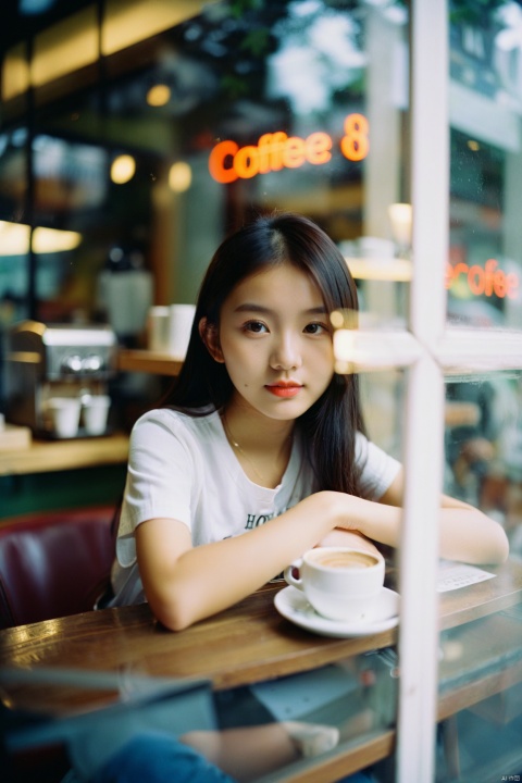  photography shot trough an outdoor window of a coffee shop with neon sign lighting, window glares and reflections, depth of field, young chinese girl sitting at a table, portrait, kodak portra 800, 105 mm f1. 8