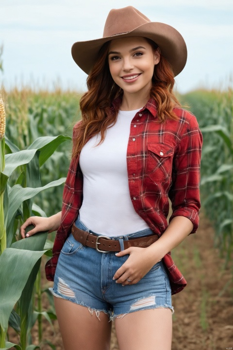  Illustration,full body,from distance,(best quality, masterpiece, realistic, detailed),beautiful girl,american,red hair,blushing,smirk,(open checkered red and white flannel shirt, Tight jeans shorts, leather belt, cowgirl hat, cowgirl boots),very tall corn field,corn plants, Gal Gadot