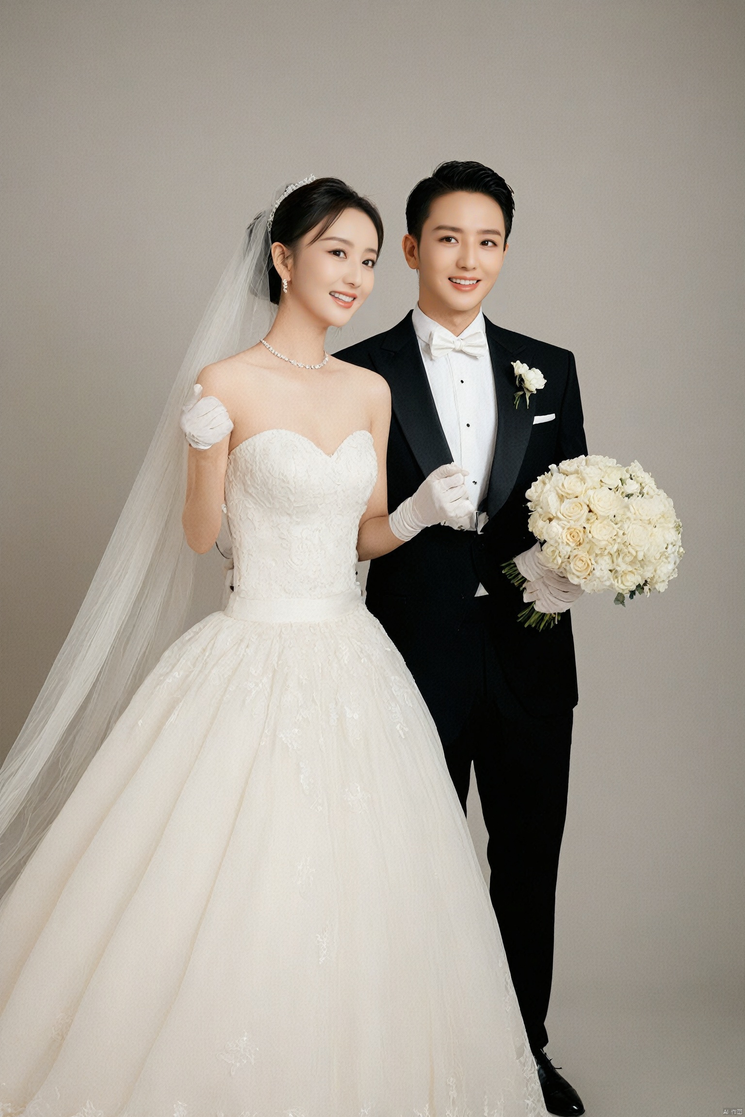  wedding attire,couple,bride,groom,wedding gown,tuxedo,bridal veil,gloves,bouquet,happy expression,posing,studio portrait,elegance,formal wear,Asian ethnicity,side glance,romantic,standing pose,timeless,sophisticated,muted colors,soft lighting,textured background,, masterpiece,best quality,ultra-detailed, , yaya