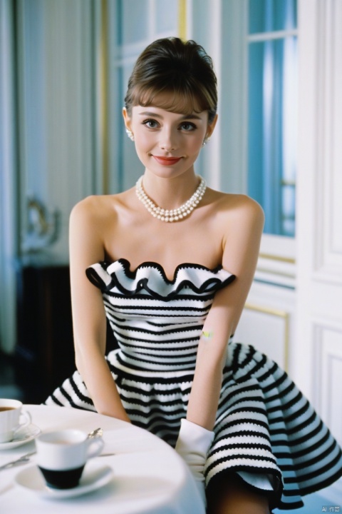 (masterpiece, best quality, hyper realistic, raw photo, ultra detailed, extremely detailed, intricately detailed), (photorealistic:1.4), (photography of Audrey Hepburn wearing a fashionable Striped off-the-shoulder ruffle hem dress, designed by Hubert de Givenchy, ), (smile), fairy, pure, innocent, beauty, (slender), super model, adr, Breakfast at Tiffany's, Sabrina, (glide_fashion), depth offield,(fullshot),filmgrain,zeisslens,symmetrical,8kresolution,octanerender(OC渲染),extremelyhigh-resolutiondetails,finetexture,dynamicangle,fashion(时尚), fashion,,