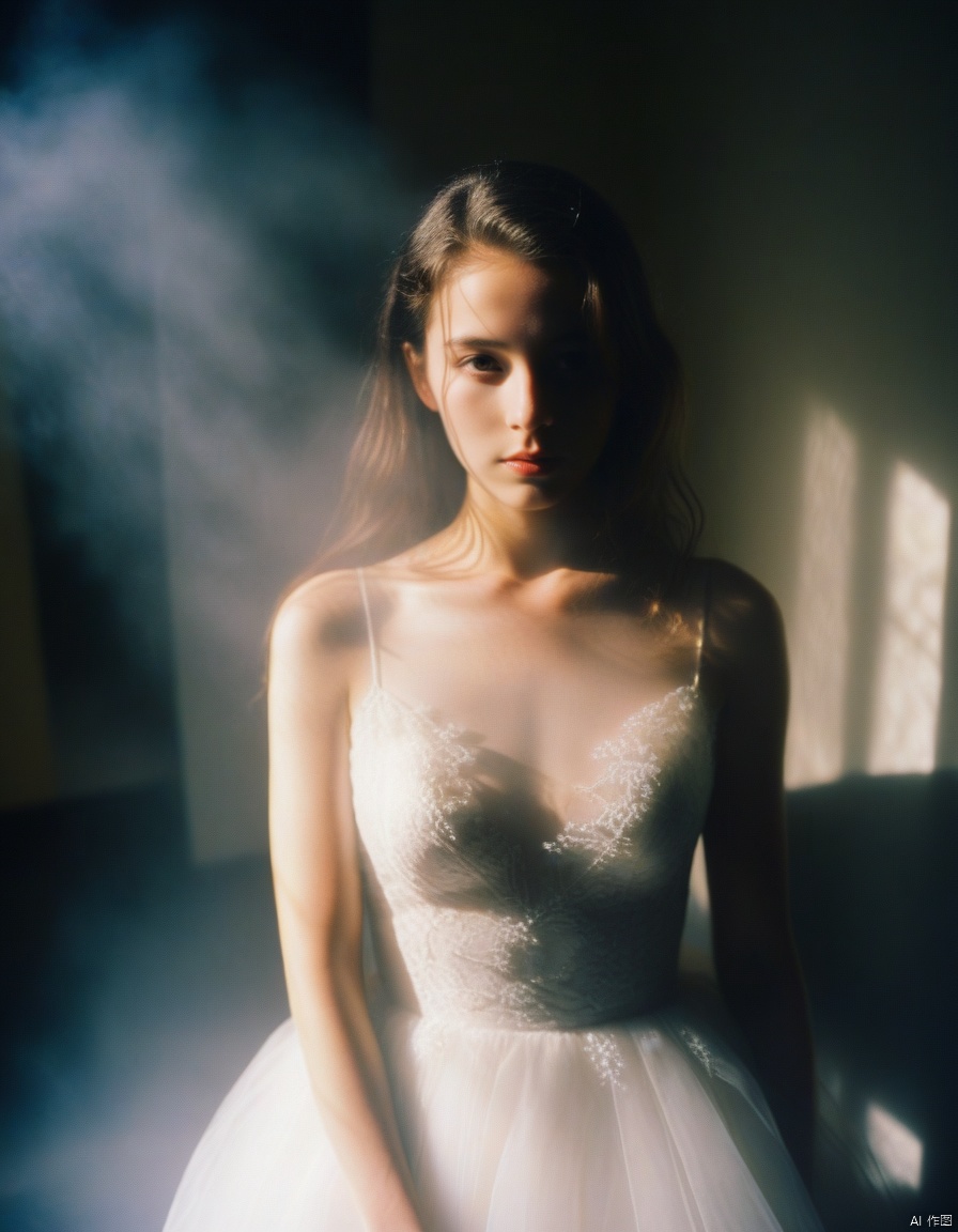  a girl close up,tyndall effect,wedding dress,foggy,dark shadow photography,surreal dramatic lighting shadow (lofi, analog),kodak film by Brandon Woelfel Ryan McGinley,
, xxmixgirl, sunlight