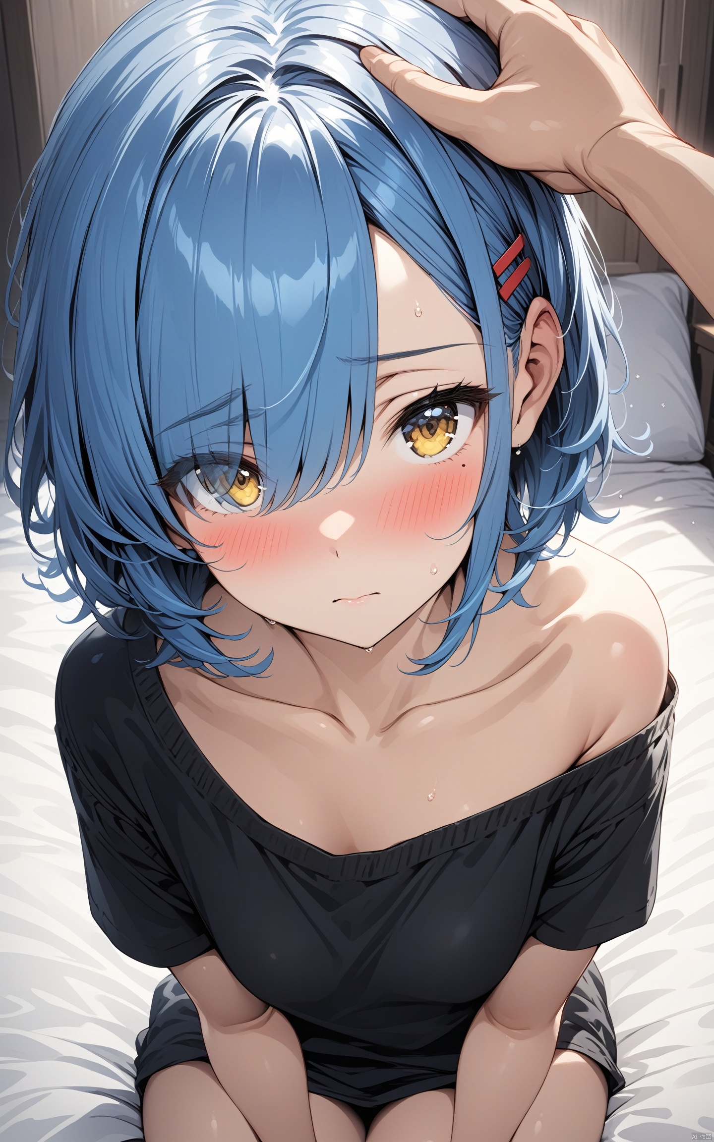  (masterpiece), (best quality), illustration, ultra detailed, hdr, Depth of field, (colorful),1girl, blue hair, shirt, blush, sitting, short hair, black shirt, yellow eyes, headpat, looking at viewer, solo focus, hair ornament, hairclip, collarbone, bangs, closed mouth, pov, short sleeves, on bed, eyes visible through hair, hair over one eye, off shoulder, mole, 3DIP