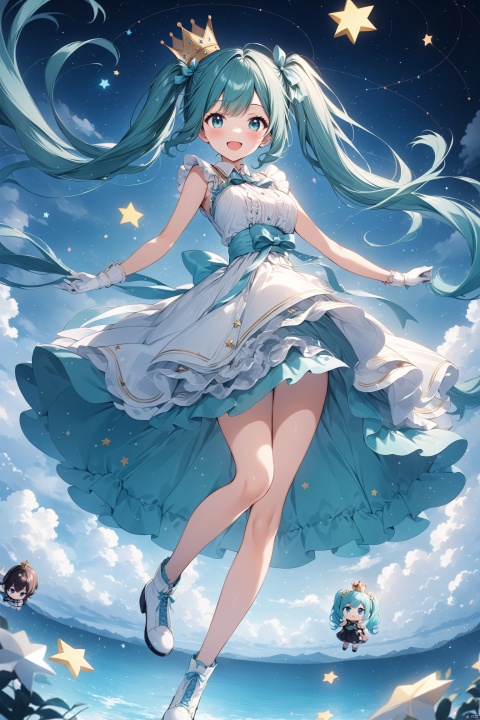 (masterpiece), (best quality), illustration, ultra detailed, hdr, Depth of field, (colorful),[wakaba],[miwano rag],[haneru], atdan, 1girl, hatsune_miku, long_hair, solo, dress, twintails, very_long_hair, open_mouth, white_dress, clock, smile, breasts, roman_numeral, gloves, looking_at_viewer, blue_eyes, blue_hair, white_gloves, white_footwear, floating_hair, sky, full_body, star_(sky), constellation, star_(symbol), bare_legs, ribbon, crown, bangs, tr mini style, Sewing doll