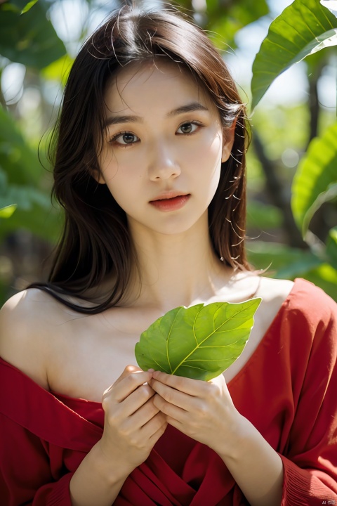  The image features a beautiful young woman holding a red leaf in her hands, bathed in warm light. Her expression is serene and dreamy, and her hands are gracefully folded. The colors are primarily brown and green, with the red leaf standing out. The style is ethereal and soft, with a focus on the woman's face and the leaf. The lighting is well-done, with interesting shadows and depth. The woman's outfit is not clearly visible, but the focus is on her as a subject. Overall, the image is beautiful, evocative, and technically proficient, making it a truly exceptional photograph.