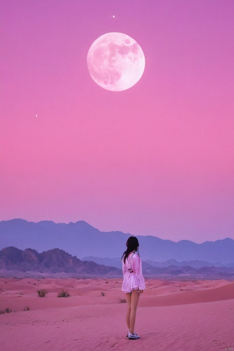  desert_sky,1girl,full moon,scenery,desert,pink-purple sky,star,more detail XL,xxmixgirl, xxmix_girl, monkren, qingyi,
