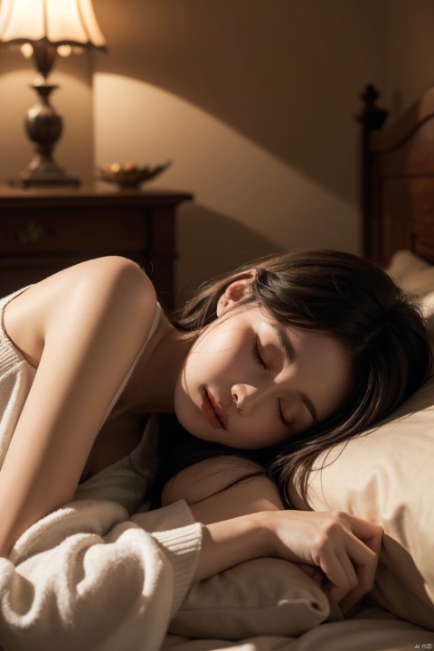  1 girl, European and American, （with eyes closed）,Display ears, lying in bed sleeping, sideways, warm at night,, Light master, A dimly lit interior,sweet,Caramel ambient light
