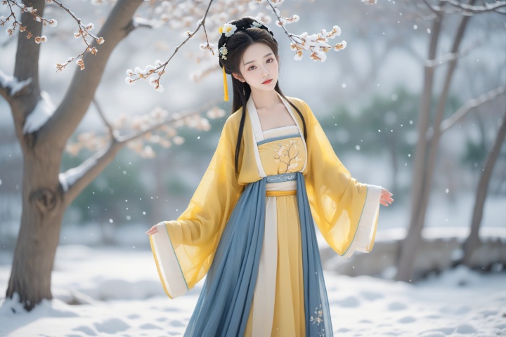  hanfu dress,a beautiful girl is standing,The Han costume of the Song Dynasty, the whole body,Flower basket,beautiful face,be affectionate,long eyelashes,high nose,Song Dynasty Hanfu, Winter, snowy days, snowfall, snow on tree tops, snow on the ground,gentle depth of field and soft bokeh,Capture the image as if it were taken on an 35mm film for added charm, looking at viewer,35mm photograph,The main color tone of the screen is yellow, with a film style (aperture1.4, ISO-100, focal length35mm), Full body, denim lens,film, bokeh, professional, 4k, highly detailed, MAJICMIX STYLE