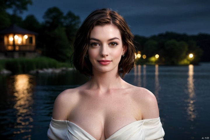  Best quality,masterpiece,ultra high res,(photorealistic:1.4),(1girl:1.3),outdoors,(half body:1.5),1 girl, grey eyes, glowing eyes, (radiant:1.2), (beside the lake:1.3),Off shoulder chest wrap, (night:1.3), dark theme, low key, (upper body:1.4),glass, Anne Hathaway