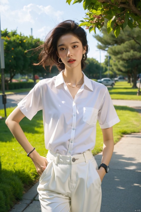  High quality, illustrations,watercolor:0.5, 1girl, the movement style, run, a dog, white shirt, white pants, one arm to wear sports watches, clouds, in the face of lens, the tree, the outdoors,cheerful candy \(module\),