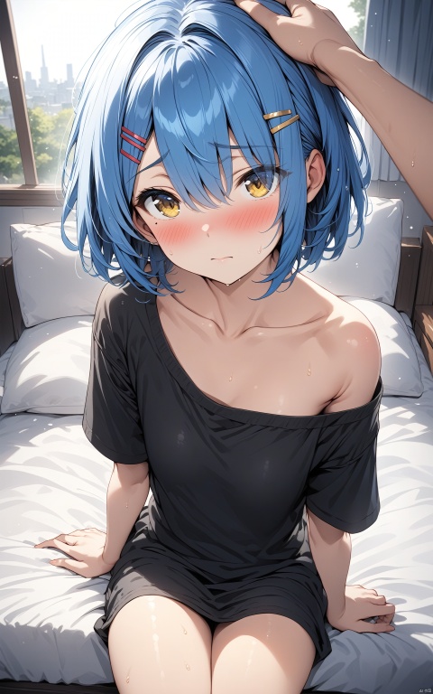  (masterpiece), (best quality), illustration, ultra detailed, hdr, Depth of field, (colorful),1girl, blue hair, shirt, blush, sitting, short hair, black shirt, yellow eyes, headpat, looking at viewer, solo focus, hair ornament, hairclip, collarbone, bangs, closed mouth, pov, short sleeves, on bed, eyes visible through hair, hair over one eye, off shoulder, mole, 3DIP