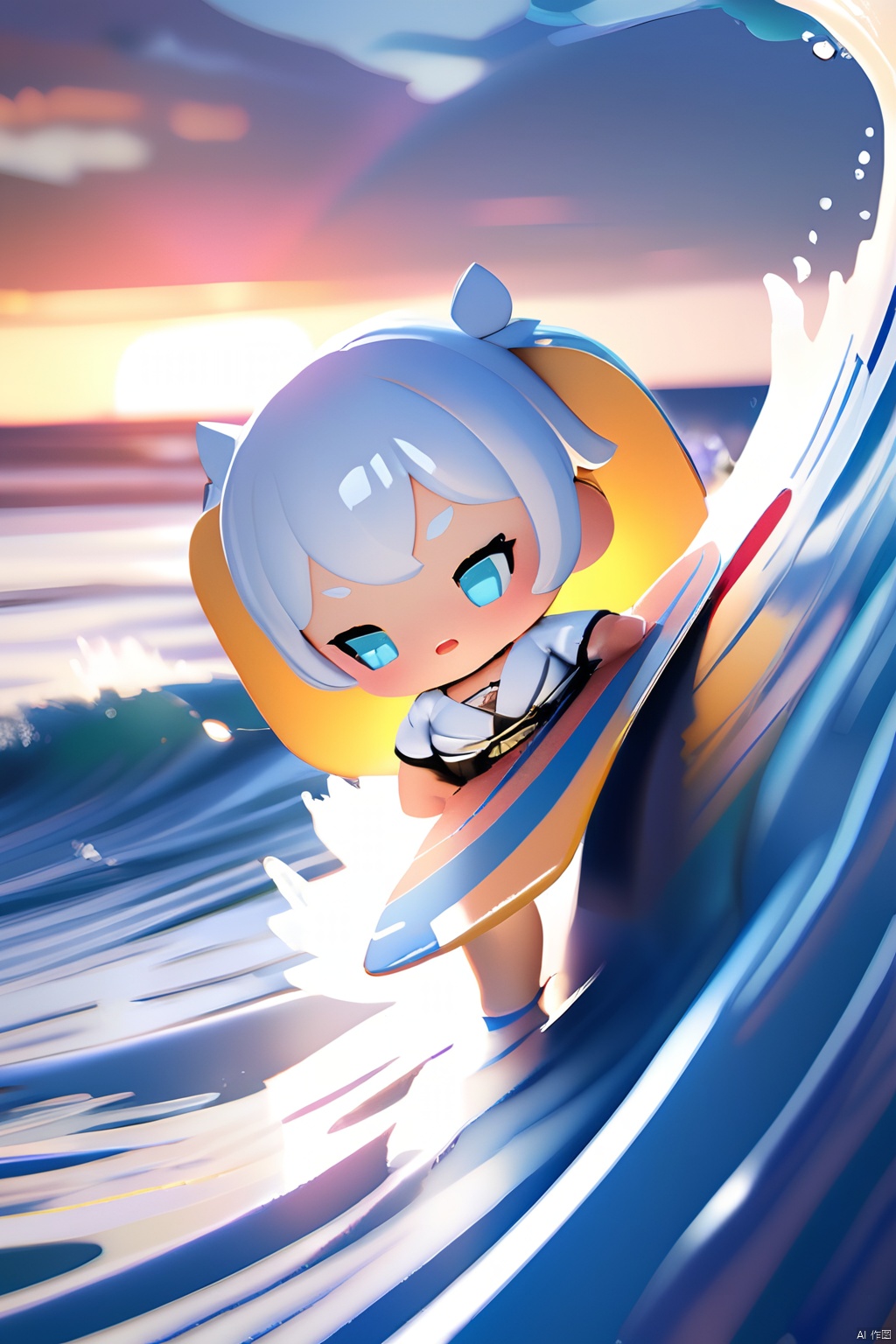  Cute, chubby,chibi
(((masterpiece))),(((best quality))),(((extremely detailed))),Surfing at the beach,1girl
, 3d stely, A girl, wearing a white blouse with coconut trees printed on it, a short skirt, standing on a surfboard, surfing, huge waves, white foam behind the surfboard, fluttering splashes, clear blue water, beautiful sunset, surf, 3DIP