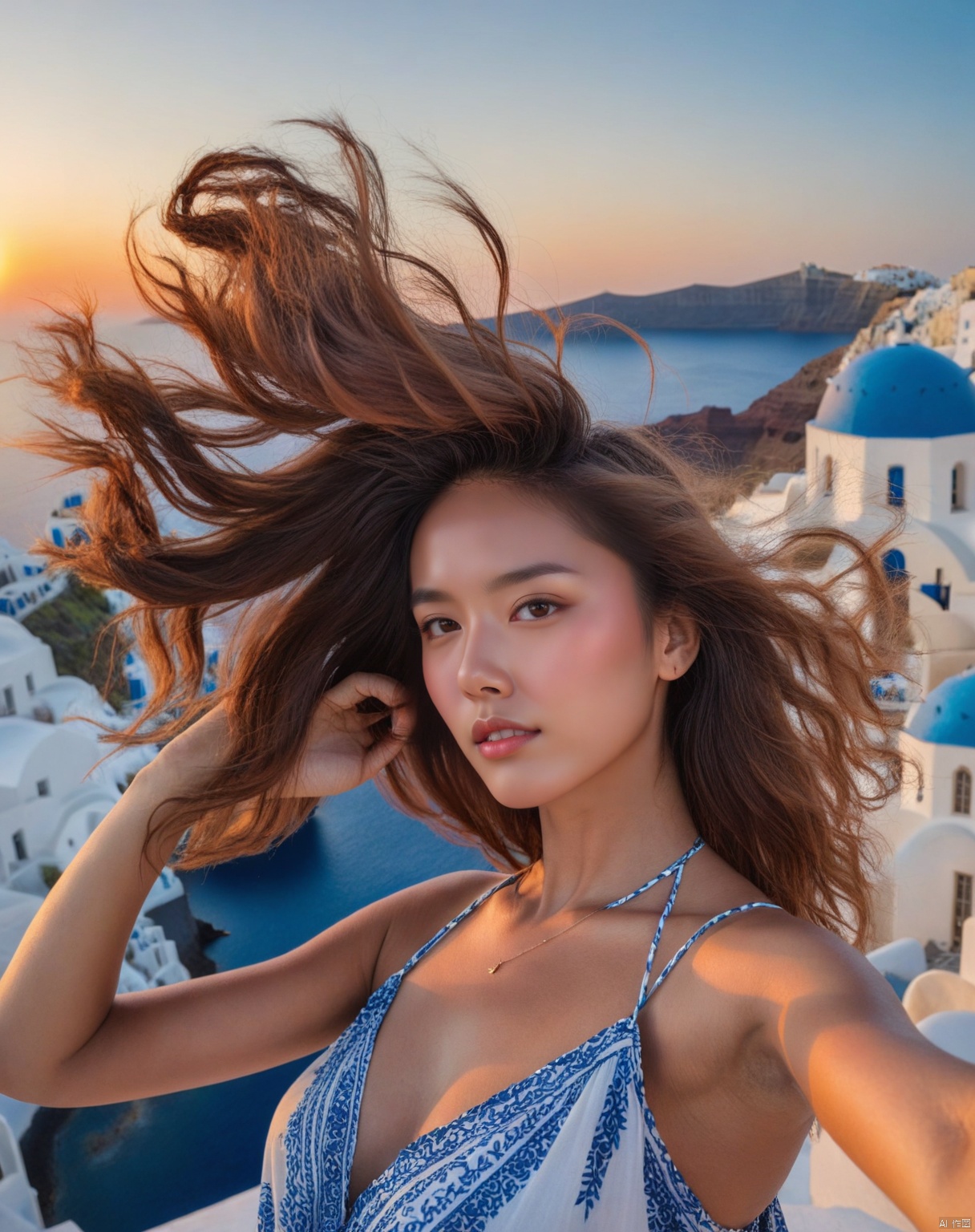  xxmix_girl,a woman takes a selfie Santorini at sunset, in Sundress, the wind blowing through her messy hair. The scene stretches out behind her, creating a stunning aesthetic and atmosphere with a rating of 1.2.,xxmix girl woman