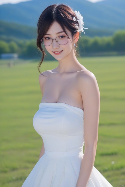 best quality, masterpiece, ultra high res,messy hair,White strapless dress, medium breast, nevus on breasts, moles on breasts,clevage, looking at viewer,wind,school field,White strapless dress,
yosshi film,glasses,evil smile