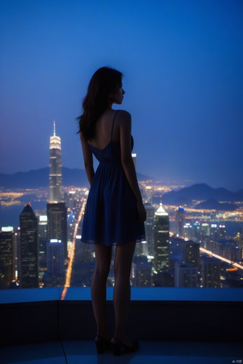 leogirl, realistic photography ,,A solitary figure stands atop a skyscraper, looking out over the city as twilight descends. The figure, silhouetted against the illuminated skyline, adds a sense of drama and contemplation to the scene.