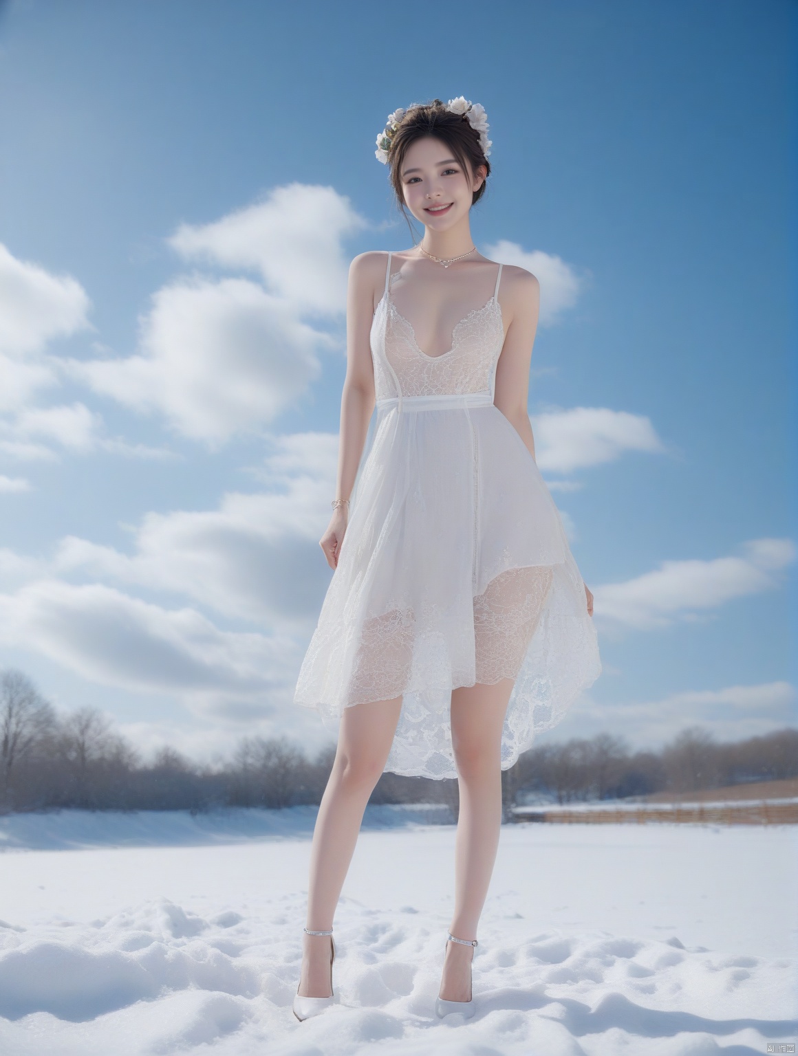  (((nsfw))), Realistic, masterpiece, highest quality, high resolution, extreme details, 1 girl, solo, bun, headdress, delicate eyes, beautiful face, shallow smile, delicate necklace, suspender dress, white lace dress, light gauze, snow-white skin, delicate skin texture, silver bracelet, pantyhose, high heels, elegant standing, outdoor, blue sky, white clouds, flowers, flowers, grass, movie light, light, light tracking, (Nikon AF-S 105mm f / 1.4E ED), MAJICMIX STYLE