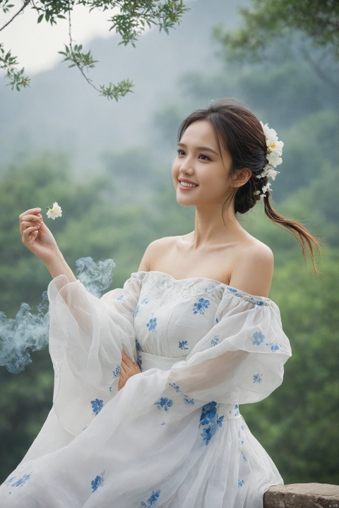  best quality, masterpiece,cowboy_shot,(Good structure),,a girl,xianjing,Off-the-shoulder, bust photo,upper body,Hanfu, Cloud, Smoke,branch,flower, smile,Gaze at the audience, Ink scattering_Chinese style, ((poakl)), ,looking_at_viewer,kind smile, , chinese dress,white dress, liuyifei,long_hair, Jessica Alba