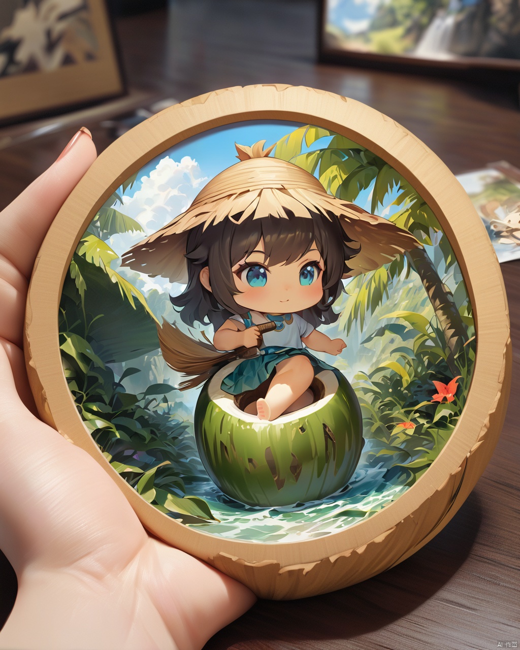  guoguo,chibi,A cute girl wearing a coconut hat and a skirt made of seaweed,with blue wavy hair,beside a split coconut,high-definition photo,high-quality picture,intricate,detailed,sharp focus,dramatic,photorealistic painting art by midjourney and greg rutkowski.,,