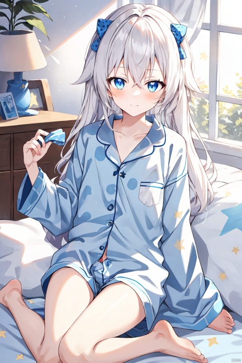  anime,8K,boy,Sixteen years old,whiter hair,blue eye,barefoot,Blue pajamas, Holding a five pointed star in hand, decorated with stars, dotted with dots