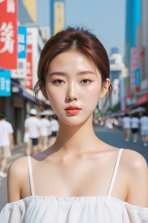 Bust photo taken by the world's top photographer, hot summer, a Korean super top beauty, delicate and flawless face, beautiful and moving eyes, small lips, perfect figure, brand-name clothes, standing on the city street looking at you