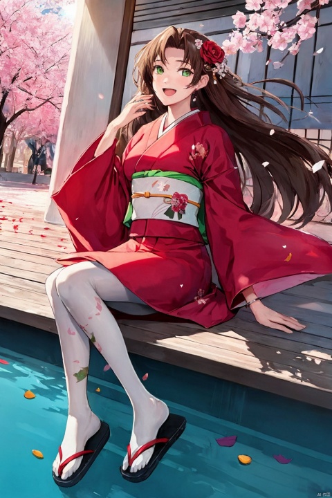  1girl, aerith_gainsborough, brown_hair, cherry_blossoms, confetti, falling_petals, floral_print, flower, green_eyes, hair_flower, hair_ornament, interlocked_fingers, japanese_clothes, jewelry, kimono, long_hair, looking_at_viewer, open_mouth, own_hands_together, petals, pink_dress, rose_petals, sandals, smile, solo, very_long_hair, backlight, colors, white pantyhose
, 1 girl, Light-electric style, autumn yellow leaves