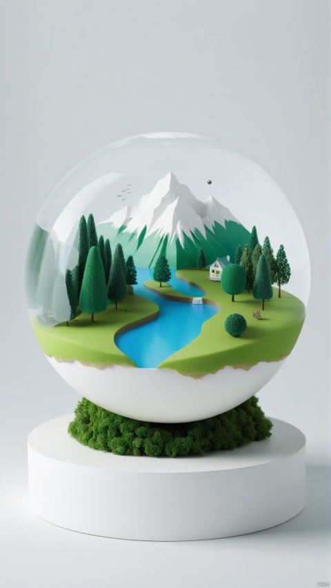  (best quality), (4k resolution), creative illustration of a miniature world on a white pedestal. The world is a green sphere with various natural and artificial elements. There is a river, trees, mountains, and a small house on the sphere. The image has a minimalist style with a light color palette that creates a contrast with the white background
