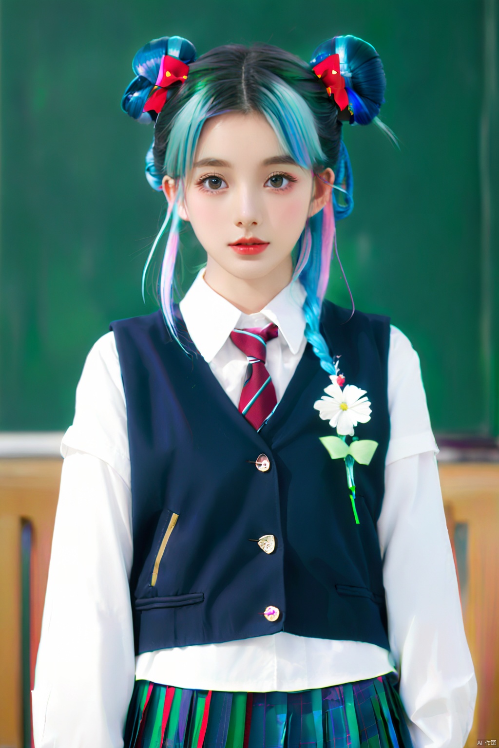  Long hair, light blue hair, pink streaks of hair, space bun hairstyle, flower hairpin, blue eyes, long-sleeve, button-up white shirt, a gray jacket with blue-green stripes, a red bow, dark blue-green pleated skirt, school background, add_detail:1, add_detail:0, add_detail:0.5, Dasha Taran