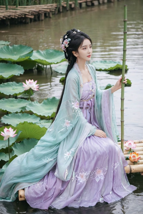  1girl, solo, long hair, white hair,Hairpins,necklace, hair ornament, long dress, full body, flower, earrings, (A beautiful girl sitting on a bamboo raft in the water, swimming downstream:1.2), (Huge lotus, rain:1.2), (full body), (aqua_china_dress:1.2), hair bun, (purple dress:1.1),(Tube top Hanfu long skirt:1.2), pillow, bed, night, chinese clothes, table, branch,daxiushan, ,daxiushan style,(huge breasts:2.1), (full breasts:1.7), realistic,hanfu, daxiushan,Shoulders are exposed, , daxiushan, arien_hanfu, yaya