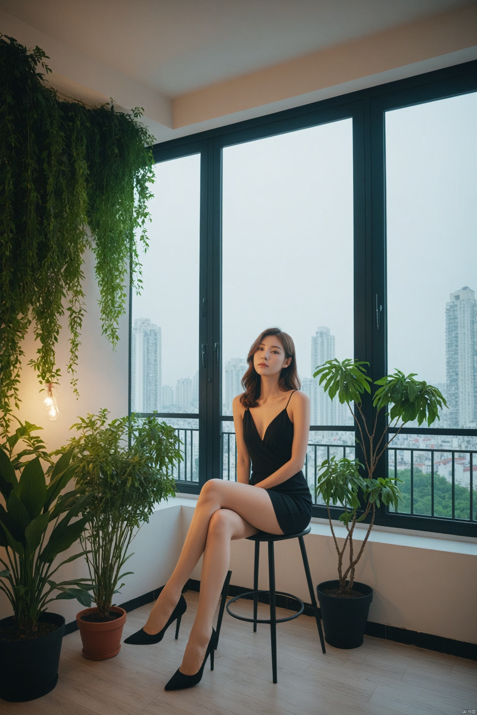  E-commerce photography scene pictures, chairs, glass windows,city night,balconies, dimlight, green plants, warm furniture decorations, high-definition photography,an sheer torn pantyhose girl,