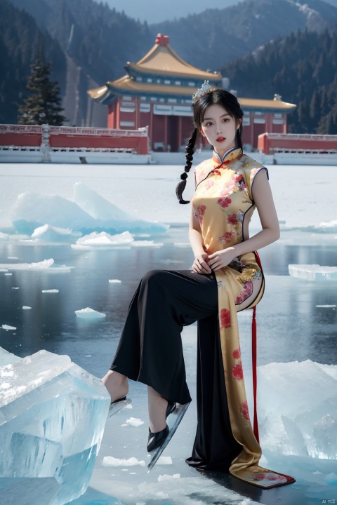  (ice chinese palace:1.6),[(white|black)_hair:2],the girl is in the palace,1girl\(red chinese dress,golden Ice Crown,ice wings:1.3),ice_flower,glittering,(twintails:1.3),(solo:1.3),(full body:1.3),masterpiece,best quality,unreal engine 5 rendering,movie light,movie lens,movie special effects,detailed details,HDR,UHD,8K,CG wallpaper