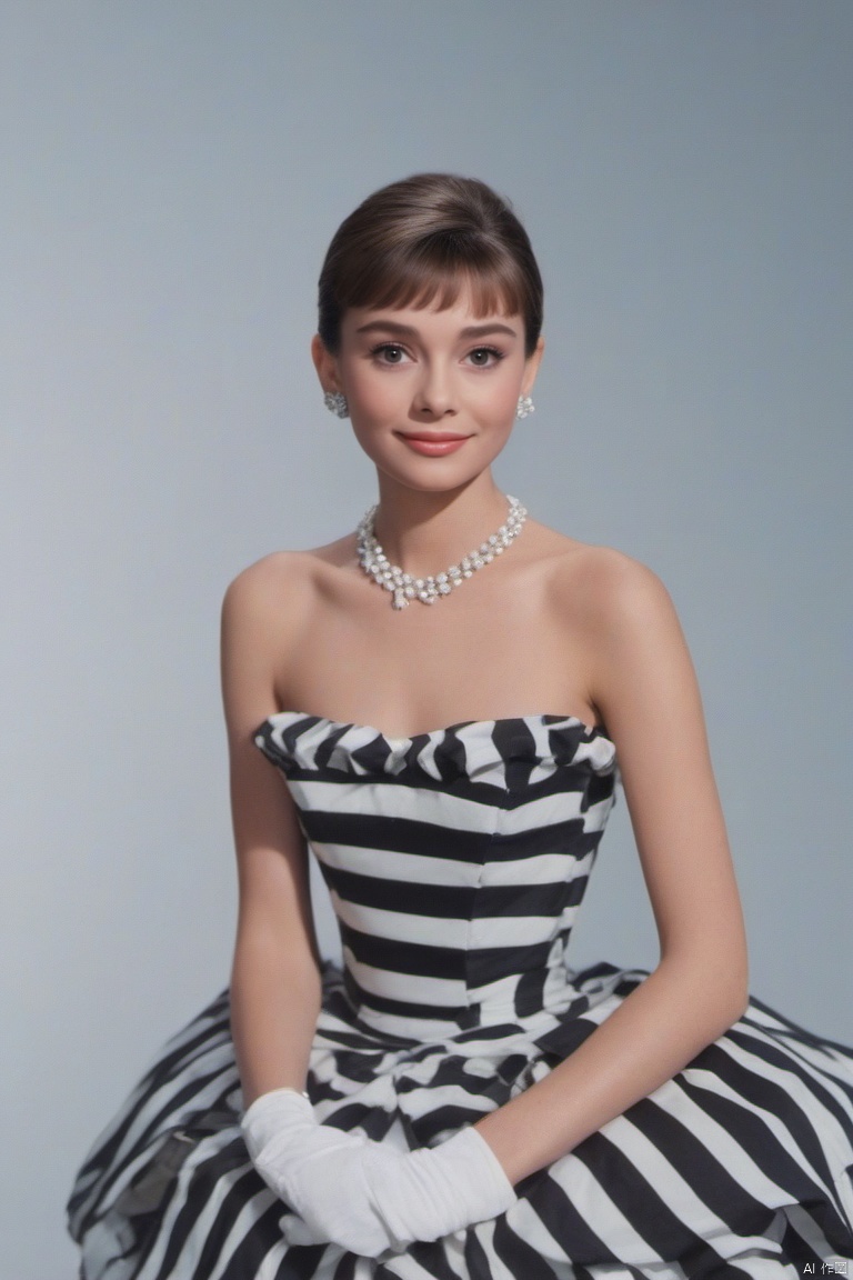  (masterpiece, best quality, hyper realistic, raw photo, ultra detailed, extremely detailed, intricately detailed), (photorealistic:1.4), (photography of Audrey Hepburn wearing a fashionable Striped off-the-shoulder ruffle hem dress, designed by Hubert de Givenchy, ), (smile), fairy, pure, innocent, beauty, (slender), super model, adr, Breakfast at Tiffany's, Sabrina, (glide_fashion), depthoffield,(fullshot),filmgrain,zeisslens,symmetrical,8kresolution,octanerender(OC渲染),extremelyhigh-resolutiondetails,finetexture,dynamicangle,fashion(时尚), fashion,,