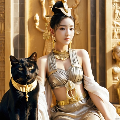  yanhouaiji\(ip\),Asian beauties, 1girl, throne, cat, egyptian, sitting, jewelry, statue, dark-skinned female, staff, earrings, gold, dark skin, yaya