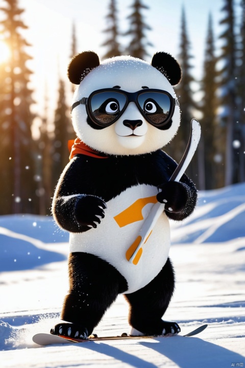  The protagonist panda, skiing in the snow, wearing protective goggles, looks at the camera, splashing snow, setting sun and forest background, dynamic shots