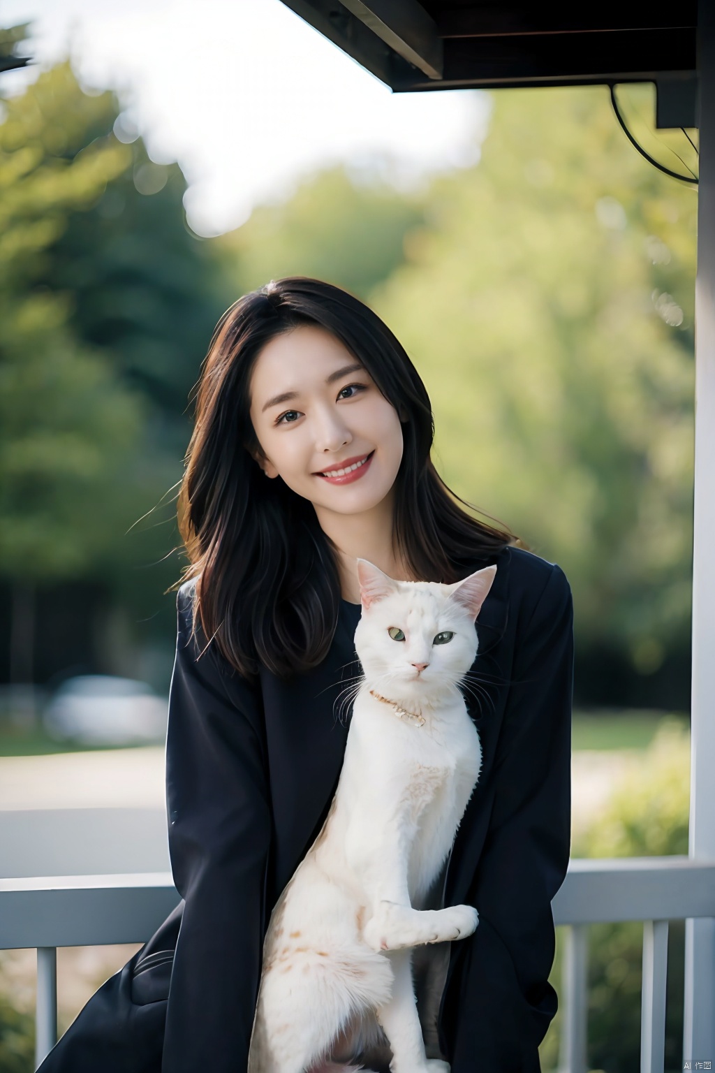  The image features a beautiful young Asian woman with long, dark hair sitting on a balcony with a cat in the background. The woman is looking into the camera with a smile on her face, her eyes sparkling with joy and contentment. Her hair is neatly styled and her makeup is natural yet enhance her features. She wears a black coat that complements her skin tone. The lighting in the image is natural and warm, casting a soft glow on the woman and the surrounding environment. The colors in the image are vibrant and rich, with the blue sky and green trees in the background providing a beautiful contrast to the woman and the cat. The style of the image is casual yet elegant, with the woman's outfit and the setting creating a relaxed and comfortable atmosphere. The quality of the image is excellent, with sharp details and smooth transitions between colors and tones. The woman's action in the image is sitting and smiling, with her hands resting on the railing. Her posture and facial expression convey a sense of happiness and contentment, as if she is enjoying a peaceful and pleasant moment. The woman's expression and the overall atmosphere of the image suggest a sense of relaxation and enjoyment. She seems to be in a good mood, perhaps enjoying a leisurely day or spending time with her cat. The image captures a moment of tranquility and happiness, making it a beautiful and memorable scene.,Film Photography