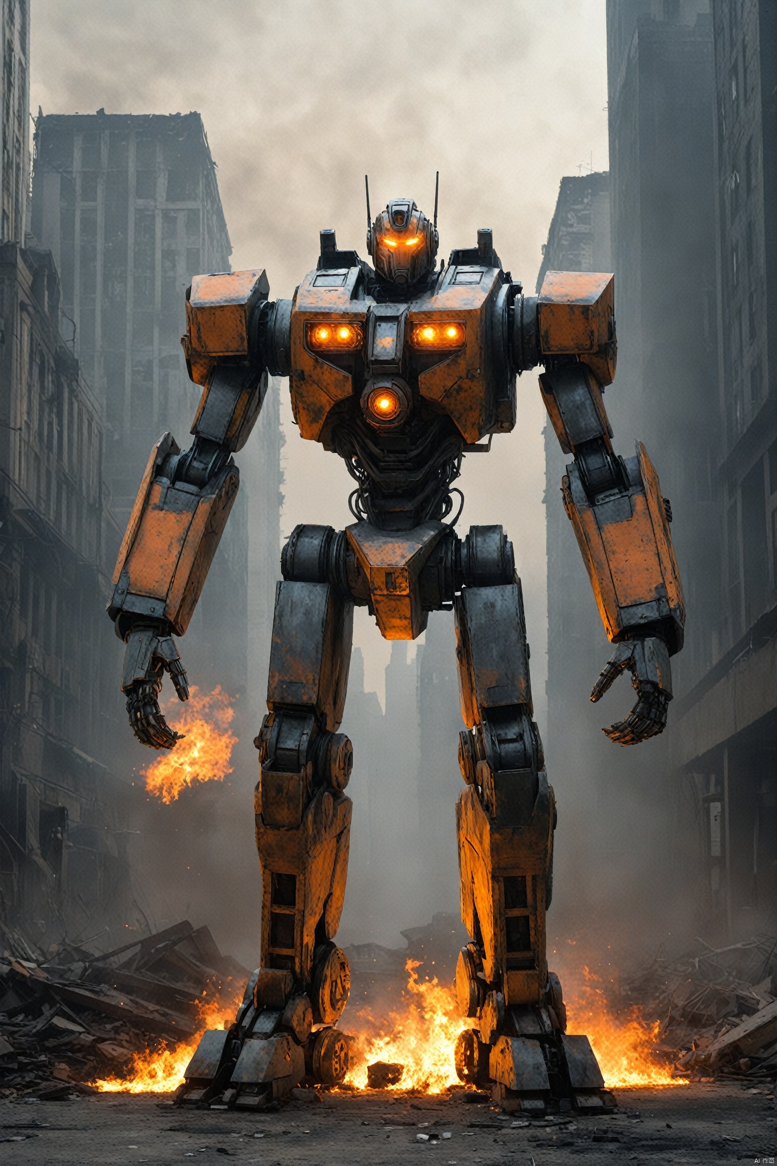 
Under the dark night sky, a giant robot stood tall. Its massive body, like a mountain, gives a sense of unshakable existence. The robot's body is made of an unknown material that looks hard and elastic, as if it were alive.
The robot's head is uniquely designed with a bright orange core at its center, which is its source of energy and where it thinks. Two orange eyes shone in the night, as if they could see everything. Its hair is thick orange lines, like tentacles extending from the core, giving it unique life and adding to its majesty.
The robot burns with orange flames, which are not for decoration, but to protect and repair the robot. Flames jumped and burned across the robot's body as if it were part of itself. This flame gives the robot life and power, making it more visible and powerful in the dark.
In the background is a scene of a ruined city. Tall buildings were burning, buildings collapsed, and smoke and dust filled the roads. The firelight lit up the sky, creating a cruel and spectacular scene with the flames on the robot. The whole city seems to be in a great disaster, and this robot is the only existence that can save the city.
Mech warrior,full body,magnificent,
render,technology, (best quality) (masterpiece), (highly detailed), game,4K,Official art, unit 8 k wallpaper, ultra detailed, beautiful and aesthetic, masterpiece, best quality, extremely detailed, dynamic angle, atmospheric,high detail,exquisite facial features,science fiction,CG,机甲, fire element