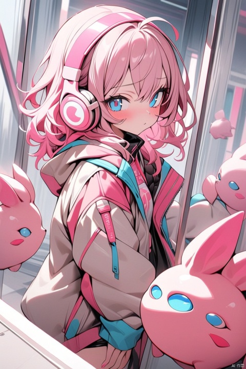  An animated character with vibrant pink hair and blue eyes, adorned in a modern-style jacket, showcases a determined expression. She wears pink headphones and has a small pink creature attached to her jacket, reflecting her playful and adventurous nature, (masterpiece,best quality:1.2), 3DIP