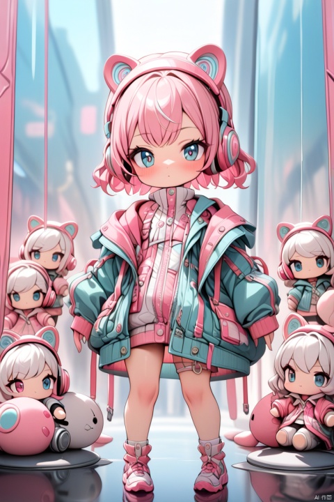  An animated character with vibrant pink hair and blue eyes, adorned in a modern-style jacket, showcases a determined expression. She wears pink headphones and has a small pink creature attached to her jacket, reflecting her playful and adventurous nature, (masterpiece,best quality:1.2), 3DIP, Sewing doll