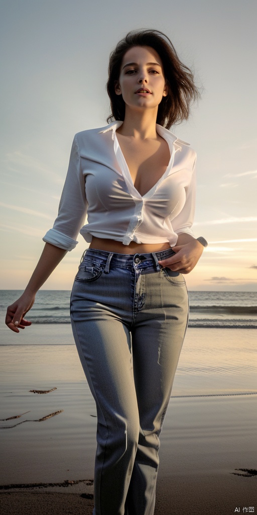  Beautiful, a girl, sun, beach, evening, for the audience, best picture quality, vision, jeans, white shirt, full round chest, full hips, tall figure, beautiful face, body