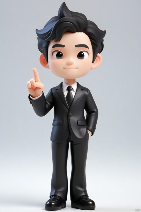  a 25-year old cool boy, Business man, Suit, clean background, Black hair, Lift one finger to the side：1.2, Disney style, IP by pop mart, fine luster, clean background, gentered composition, Do it by hand, 3D render, Blind box, Soft focus, oc, best quality --niji 5-s 400--style expressive -iw 1/2, Peiqi, blender, IP, blind box toy style, UHD, super detail, high details, high quality, best quality, 16k, tr mini style, 3DIP