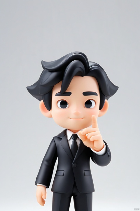  a 25-year old cool boy, Business man, Suit, clean background, Black hair, Lift one finger to the side：1.2, Disney style, IP by pop mart, fine luster, clean background, gentered composition, Do it by hand, 3D render, Blind box, Soft focus, oc, best quality --niji 5-s 400--style expressive -iw 1/2, Peiqi, blender, IP, blind box toy style, UHD, super detail, high details, high quality, best quality, 16k, tr mini style, 3DIP
